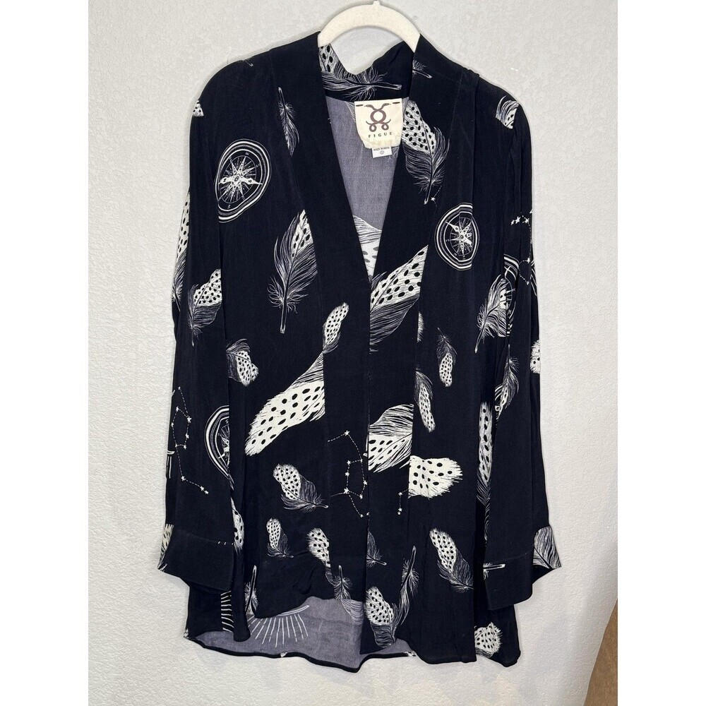 Figue Top Blouse Jacket Womens Small Black Feather Star Print Celestial